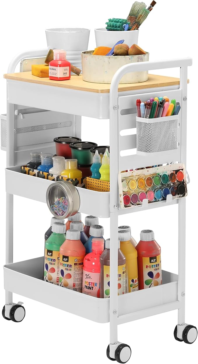 Art Cart with Tabletop & Pegboard - 3-Tier Rolling Utility Cart with Wheels, 2 Baskets & 6 Hooks - Metal Storage Organizer for Home, Office, Crafting & Kids’ Art Supplies (White)