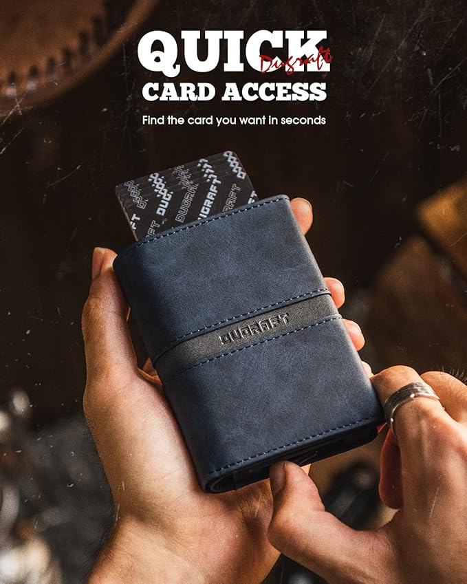DUGRAFT Card Holder Wallet with ID Window, Leather Mens RFID Blocking Minimalist Pop-Up Wallet Aluminum Metal Credit Card Case with Banknote Compartment