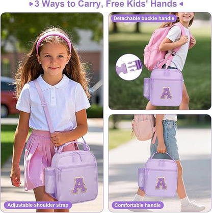 Initial Insulated Lunch Bag for Girls Kids, Back to School Gift, Reusable Leak-proof Lunch Box with Adjustable Strap for School Daycare Travel Picnic (Purple,A)