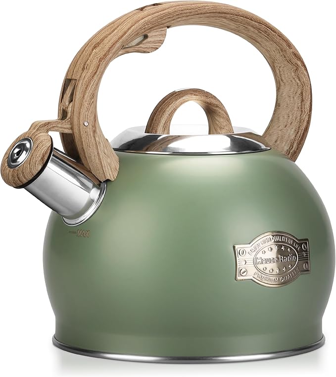 Tea Kettle Stovetop, 2.1 Quart Stove Top Whistling Tea Kettle, Teapot Kettles with Food Grade Stainless Steel and Wood Pattern Folding Handle, Suitable for All Heat Sources