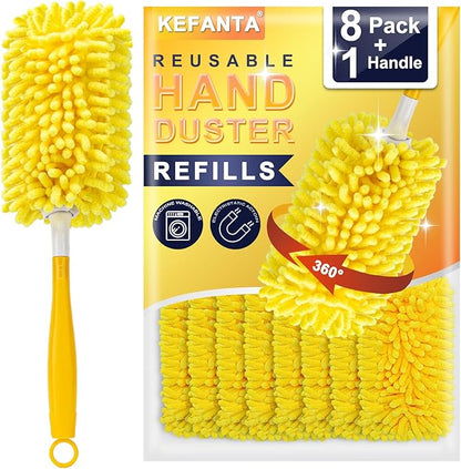 KeFanta Reusable Duster Refill for Swiffer, 360° Heavy Duty Duster Refills 8Pcs with 1 Handle, Washable Microfiber Dusters for Cleaning