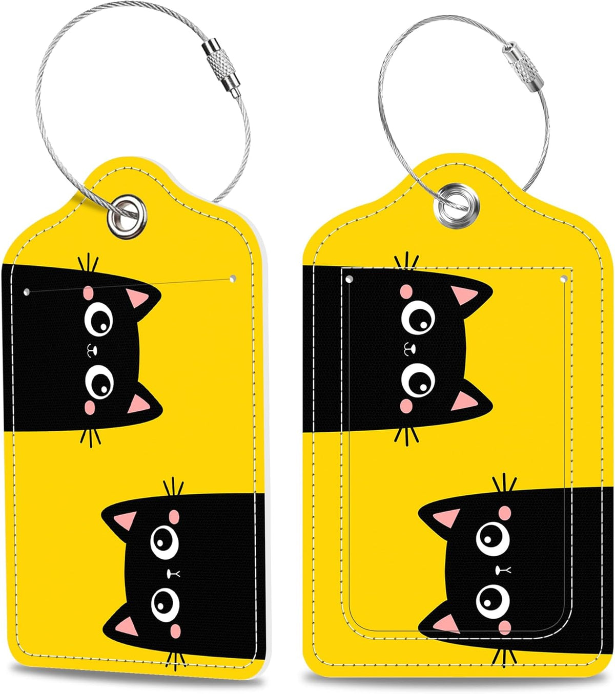 Set of 2 Luggage Tags Two Black Kitten Face Head Leather Suitcases Tag with Privacy Cover Stainless Steel Loop and Address Card for Women Men Travel