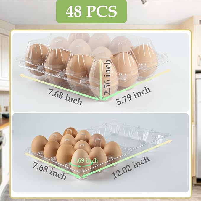 48 Pack Egg Cartons Cheap Bulk 12 Count, Plastic Egg Carton 3x4 Grids, Clear Blank Egg Cartons for Family Pasture Farm Markets