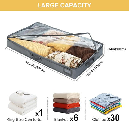 4-Inch Under Bed Storage Containers (2-Pack) | Sturdy Sidewalls | Clear Cover & Label Holder | Foldable Closet Organizer | Stores Clothing/Blankets/Sweaters/Sheets