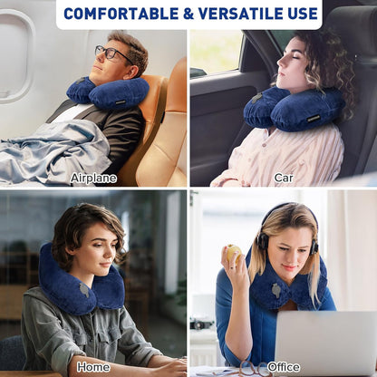 Rewondah Neck Pillows for Travel, Inflatable Travel Pillow, Inflatable Neck Pillow for Traveling Airplane with Soft Velour Washable Cover, Blow Up Neck Pillow for Airplanes Train Travel, Blue
