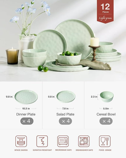 Famiware Mars Plates and Bowls Set, 12 Pieces Dinnerware Sets, Dishes Set for 4, Light Green