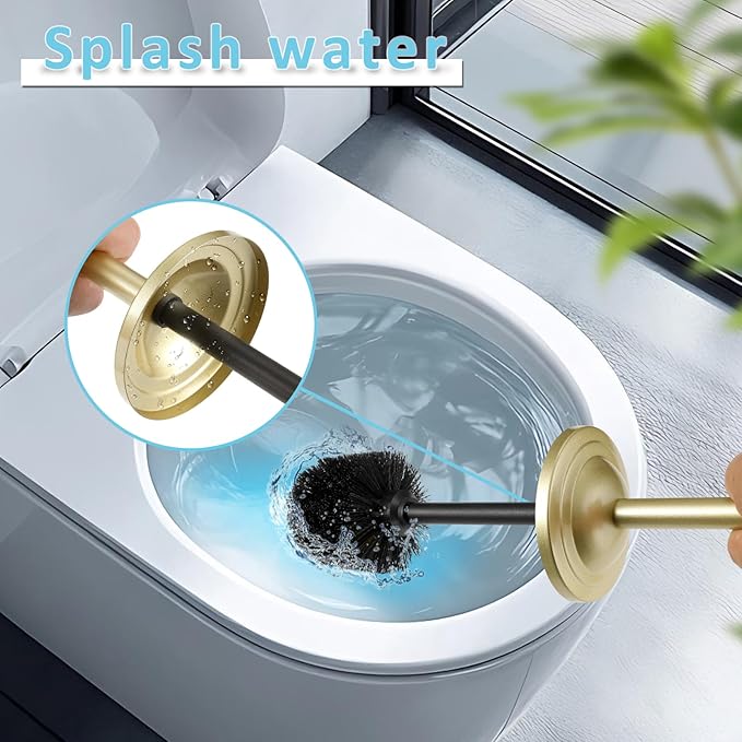 Stainless Steel 304 Toilet Brush and Holder,Toilet Bowl Brush with Long Handle for Bathroom,Toilet Cleaner Brush-Space,Saving,Covered Brush,Durable, Deep,Cleaning,Splash Resistant (Gold)