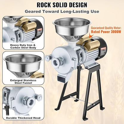 VEVOR Electric Grain Mill Grinder, 3000W Spice Grinders, Commercial Corn Mill with Funnel, Thickness Adjustable Powder Machine, Heavy Duty Feed Flour Cereal Mill Wheat Grinders, Dry & Wet Grinder
