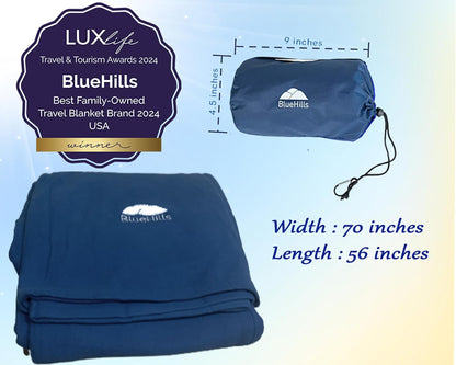 BlueHills Ultra Compact Travel Blanket Pillow in Portable Bag Case with Hand Luggage Belt & Backpack Clip Premium Cozy Soft Compact Pack Large Blanket for Airplane Flight Layover - Navy Blue C001