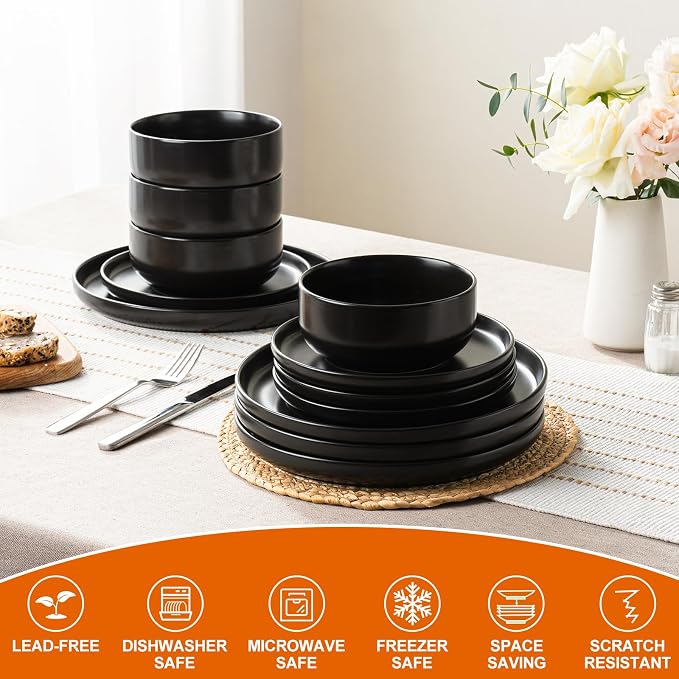 EWFEN Plates and Bowls Sets, 12 Pieces Ceramic Dinnerware Set