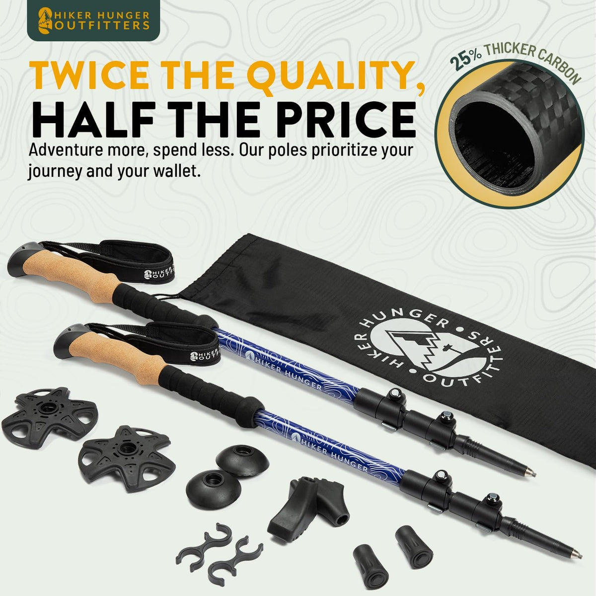 100% Carbon Fiber Trekking Poles by USA Brand - Ultra Strong Lightweight Collapsible Hiking Poles with Cork and EVA Foam Grips & Quick Adjustable Flip Locks