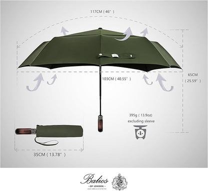 Balios Travel Folding Umbrella with Real Wood Handle Auto Open Close Vented Windproof Canopy - Designed in UK