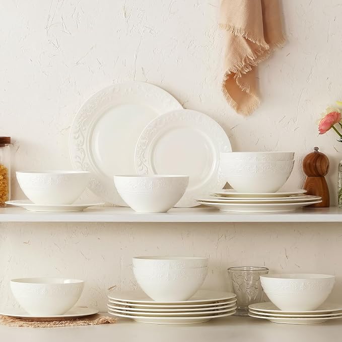 18Pcs Vintage Relief White Bone China Set, Service