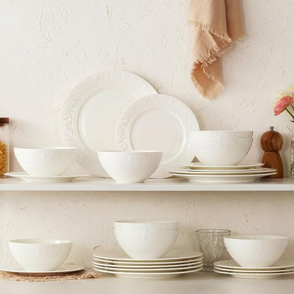 18Pcs Vintage Relief White Bone China Set, Service