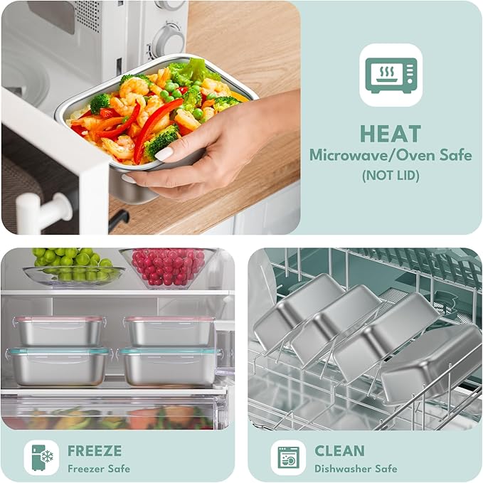 8 PCS Food Storage Containers with Lids Airtight, Stainless Steel Containers Set for Kitchen Storage, Meal Prep, Lunch Containers, Microwave/Dishwasher Safe (41oz & 24oz)