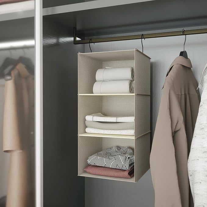 Hanging Closet Organizer, Easy Mount Foldable 3-Shelf Hanging Closet Wardrobe Storage Shelves, Clothes Handbag Shoes Accessories Storage, Imitation Linen Fabric, Beige Houndstooth