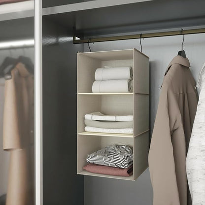 Hanging Closet Organizer, Easy Mount Foldable 3-Shelf Hanging Closet Wardrobe Storage Shelves, Clothes Handbag Shoes Accessories Storage, Imitation Linen Fabric, Beige Houndstooth