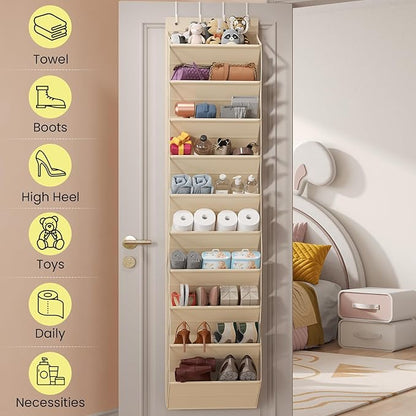 Over the Door Shoe Organizer for Closet, Shoes Rack with 10 Tier PVC Window Deep Pockets, Hanging Shoe Organizers for Boot Storage, Behind the Door Narrow Shoe Holder for Small Shoes, Beige