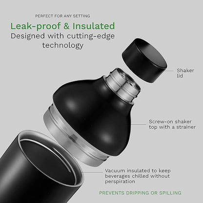 The Mixologer Cocktail Shaker & Tumbler | 19 oz Stainless Steel Drink Mixer with Built-in Measurements, Leak-Proof Design & Vacuum Insulation | Ideal to Mix Whiskey, Cocktails & More | Matte Black