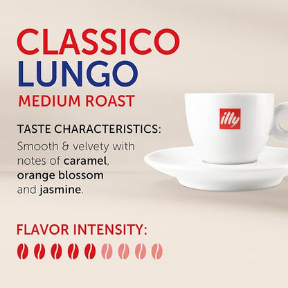illy E.S.E. Single-Serve Espresso Paper Pods - Classico Lungo Roast, Notes Of Caramel, Orange Blossom & Jasmine - For ESE Coffee Machines – 18 Count, 12 Pack