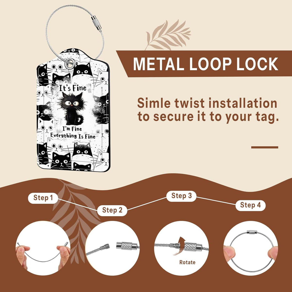 2 Pcs Funny Cat Luggage Tags for Suitcase, Leather Luggage Tags Cute, Privacy Cover ID Label with Stainless Steel Loop & Address Card, Cute Cat Travel Bag Tag Luggage Accessories for Suitcases