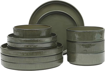 Gibson Elite 12 Piece (Service for 4) Townscape Plates and Bowls Reactive Glaze Embossed Round Dishes Terracotta Ceramic Dinnerware Set - Dark Green