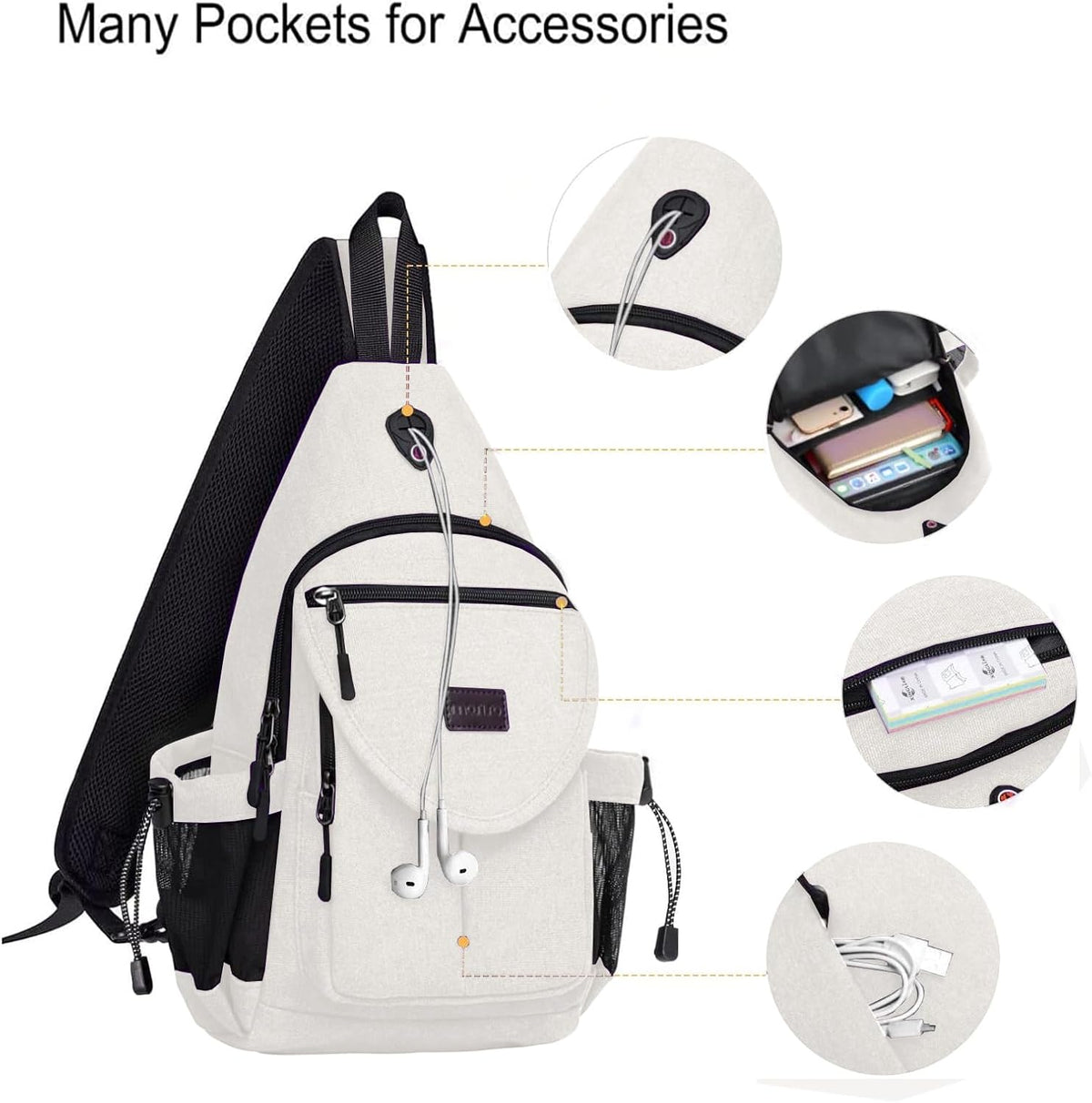 MOSISO Sling Backpack,Canvas Crossbody Hiking Daypack Bag with Anti-theft Pocket, Pearl White