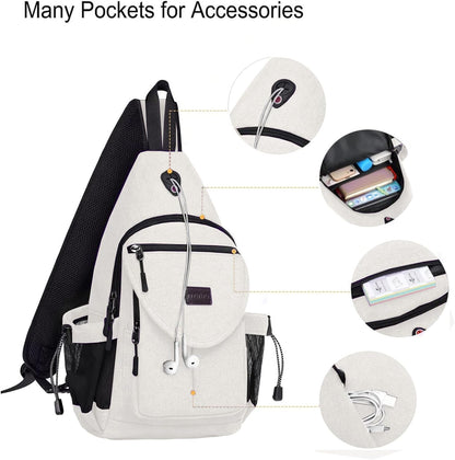 MOSISO Sling Backpack,Canvas Crossbody Hiking Daypack Bag with Anti-theft Pocket, Pearl White