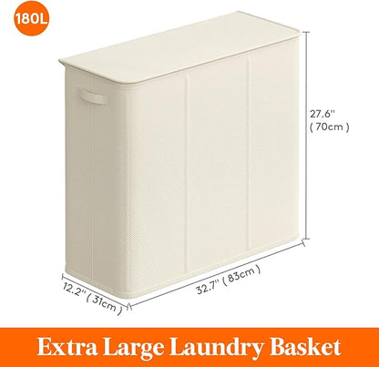 Lifewit Triple Laundry Hamper with Lid and Removable Laundry Bags, Large Collapsible 3 Dividers Dirty Clothes Basket with Handles for Bedroom, Laundry Room, Closet, Bathroom, College, 180L White