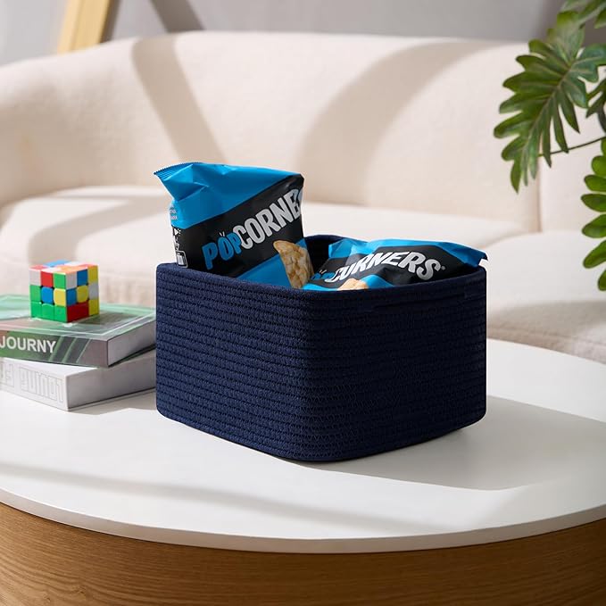 Small Organizing Baskets for Cubes Shelf, 9.7x9.7x7.1 Inch Rope Woven Storage Bins for Nursery Shelves Storage, Cute Toy Basket, Square 3 Packs Navy Blue
