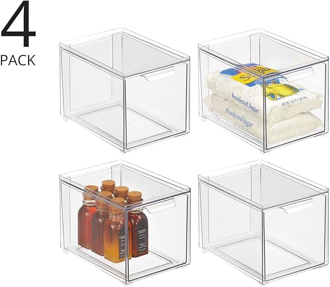 mDesign Plastic Pantry Organization and Storage Bin w/Pull Out Drawer - Slim Stackable Kitchen Supplies Storage Container for Organizing Cabinet, Fridge, Freezer - Lumiere Collection - 4 Pack - Clear