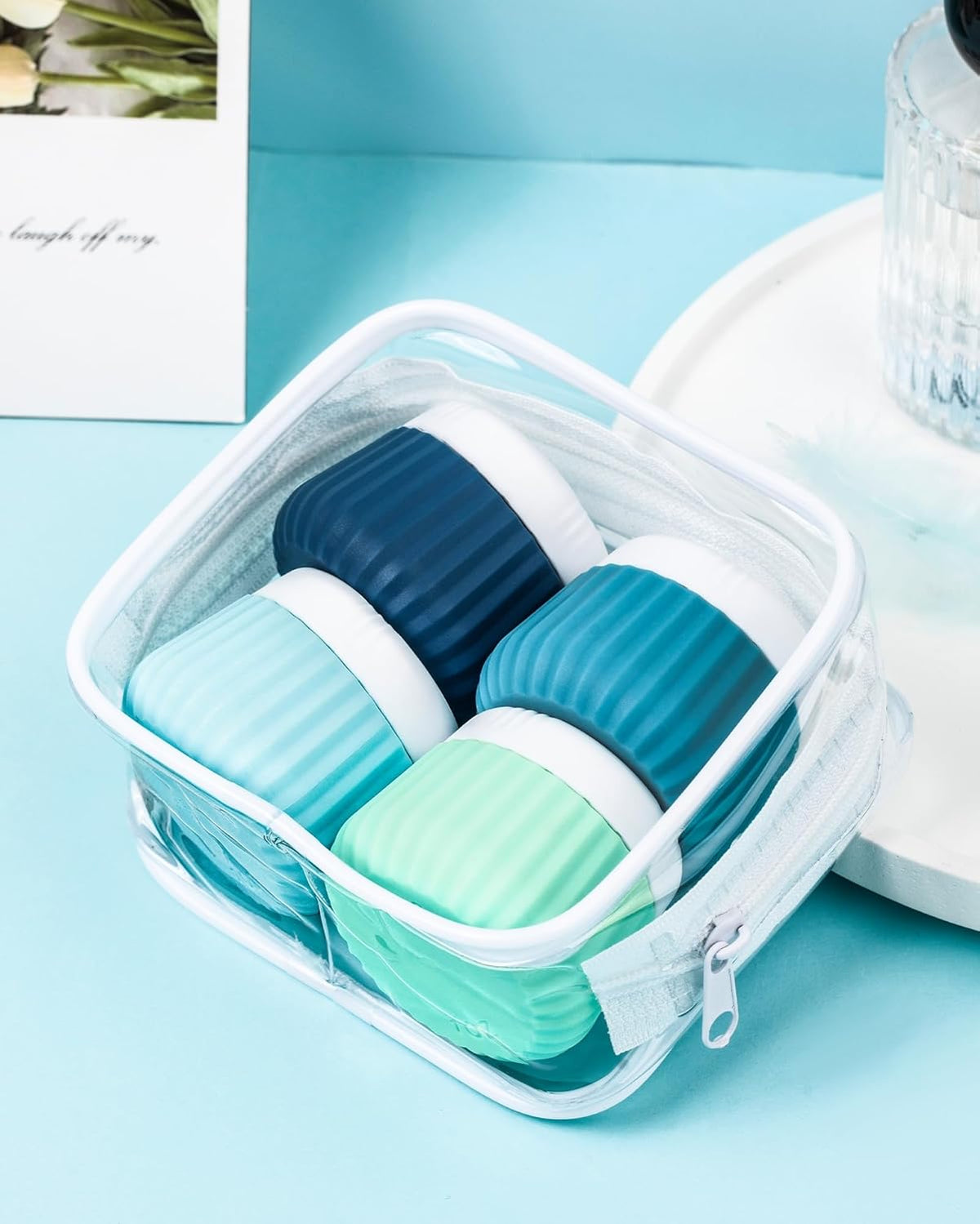 Travel Containers for Toiletries 4 Pack, TSA Approved Travel Size Toiletries, Travel Size Containers, With Clear Bag Leak Proof Silicone Jars, Travel Essentials Creams Jars Carrying Small Items