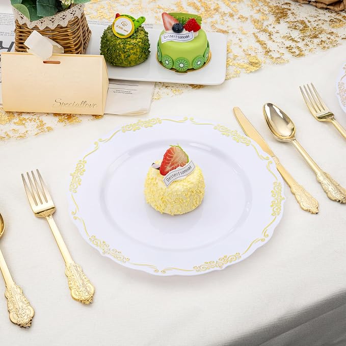 DaYammi 60PCS White and Gold Plastic Plates