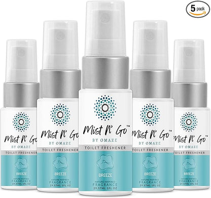 Mist N’ Go by Omaze Travel Bathroom Spray for Toilet Spray Odor Eliminator - Travel Toilet Spray for Bathroom Air Freshener Spray for Bathroom Deodorizer - Breeze Travel Size (1oz x5)
