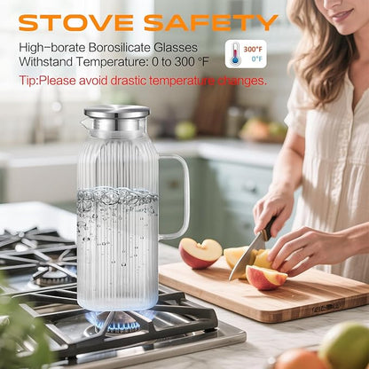 2 Liters/68oz 2 Pack Stripes Glass Pitcher with Lid and Handle for Fridge Door, Aofmee Borosilicate Glass Heat Resistant Dishwasher Safe Iced Tea Jar, Carafe with Scale Line for Hot/Cold Beverage