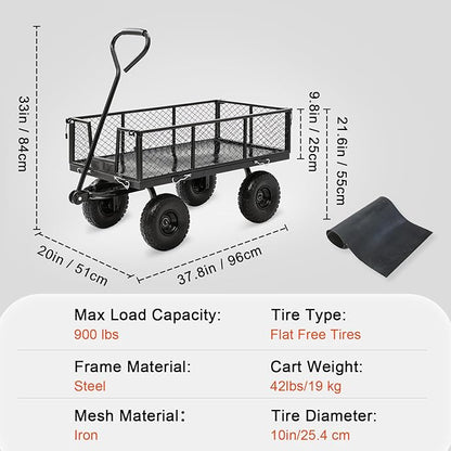 Garden Wagon Cart Heavy Duty 880 LBS Steel Utility Cart with All-Terrains 3.50-4" Solid Wheels 10" Tires, 180° Rotating Handle, Removable Sides, Laser-Welded Frame & Multi-Surface