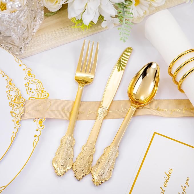 210 Pcs White Gold Plates for Party | White Party Plates Set for 30 Guests