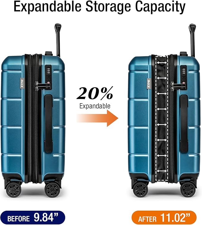 KYME Hardside Expandable Carry On Luggage 22x14x9 Airline Approved 20 Inch Hardshell Carry On Suitcase with Wheels TSA Lock Small Travel Rolling Luggage with Cup Holder for Women Men Lt Blue