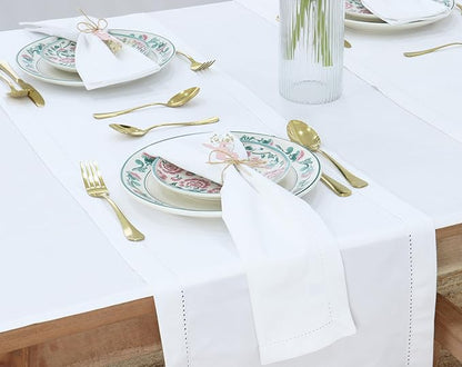PurpleEssences Set of 12 Hemstitch Cloth Dinner Napkins 100% Cotton - Soft Durable Washable - Ideal for Wedding Fall Thanksgiving - Perfect Everyday Use Table Linen 18x18 - White