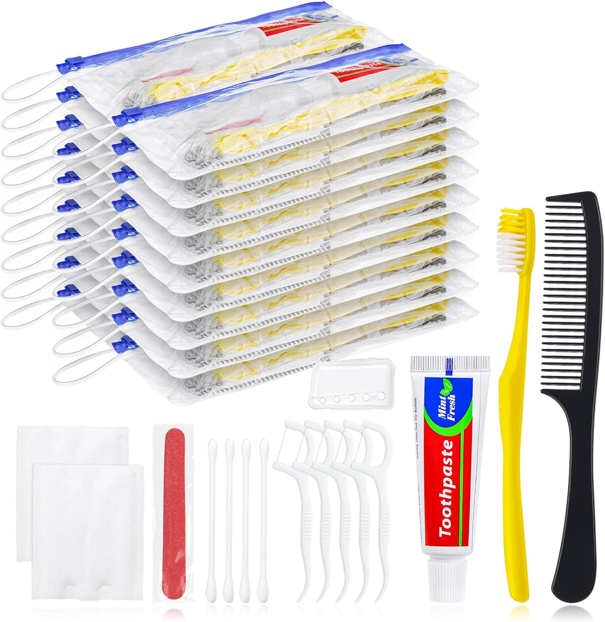 Personal Hygiene Kit Bulk Pack of 30,Yellow Disposable Toothbrushes with Toothpaste Floss Comb Cover and Hotel Vanity Set Basic Travel Toiletry Kit Supplies for Homeless,Charity,Guests