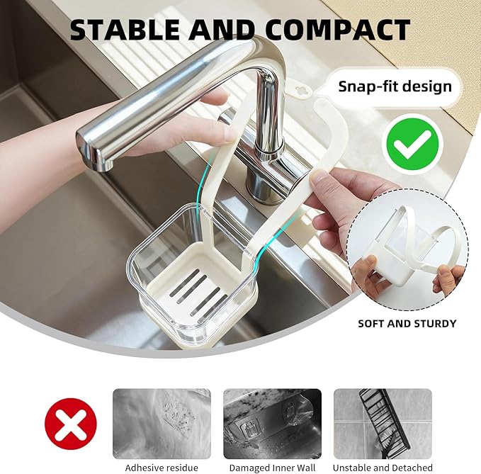 Sponge Holder for Kitchen Sink Dish Sponge Sink Caddy Kitchen Organizer for Brush Sink Stopper Scrubber Hanging Adjustable Strap Caddy Kitchen Gadgets Storage with Drain Holes (White, Large)