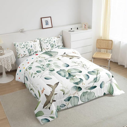 Erosebridal Girls Kawaii Animal Bedding Toddler Size Cute Shark Comforter Set, Cartoon Wildlife Duvet Insert Green Leaf Quilt Comforter, Spring Plant Bedding Comforters & Sets Child Kids Bedroom Decor