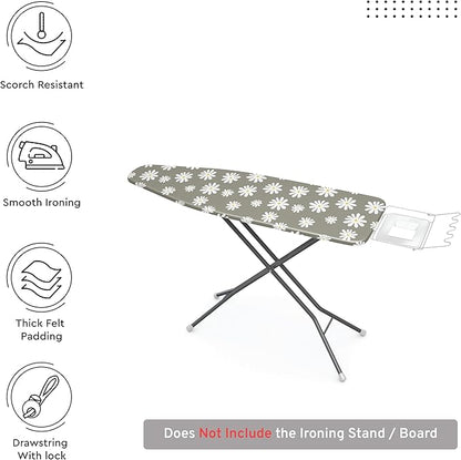 Encasa XO Ironing Board Cover and Pad 54"x15" - Thick 3mm Felt Padding, Drawstring Tightening & Lock, Easy Fit, Scorch & Stain Resistant, Fits Standard Large Ironing Board - Daisy Grey