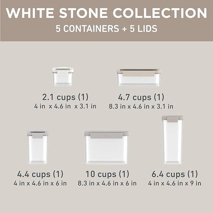 Bentgo Pantry - 10-Piece Airtight Food Storage Containers, Clear, Stackable Kitchen & Pantry Organization, Locking Lids for Freshness, BPA-Free Plastic - Ideal for Sugar, Flour, & More (White Stone)