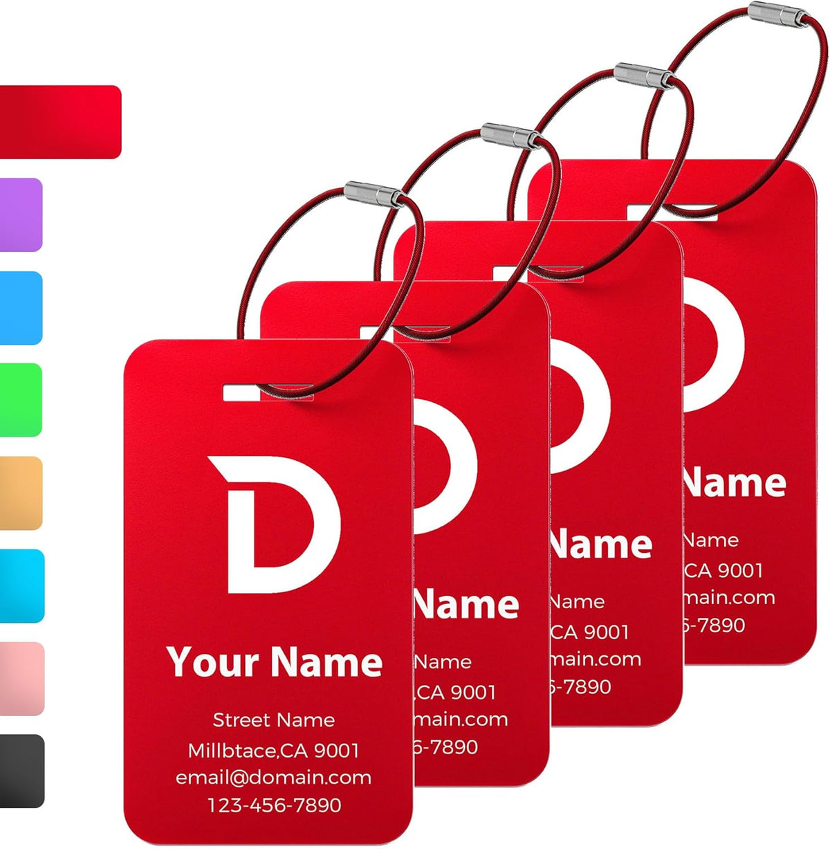 Personalized Luggage Tags, Custom Luggage Tags 4 Pack TSA Approved Double Sided Laser Engraving, Metal Luggage Tag for Suitcases with Stainless Loops, Name Tag for Bags, Backpacks (Red)