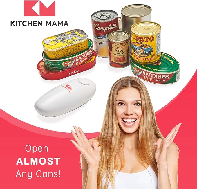 Kitchen Mama Auto Electric Can Opener: Open Your Cans with A Simple Press of Button - Automatic, Hands Free, Smooth Edge, Food-Safe, Battery Operated, YES YOU CAN (White)