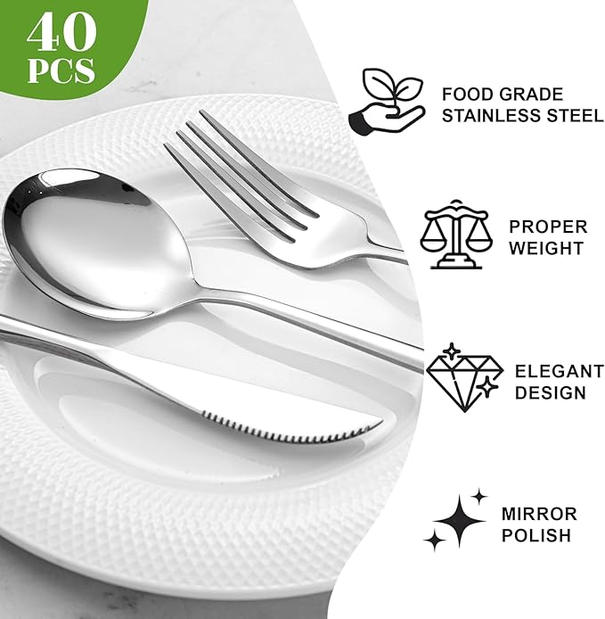 NOCCUR 40-Piece Stainless Steel Silverware Set for 8 - Utensils Set Include Knives Spoons and Forks - Mirror Polished for Home&Party