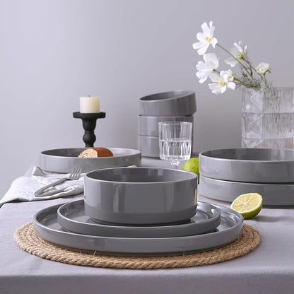 Famiware Nebula Dinnerware Set with Pasta Bowls, Service for 4 (16pcs), Fine Stoneware Plates and Bowls Sets, Microwave and Dishwasher Safe Dishes Set, Dark Gray