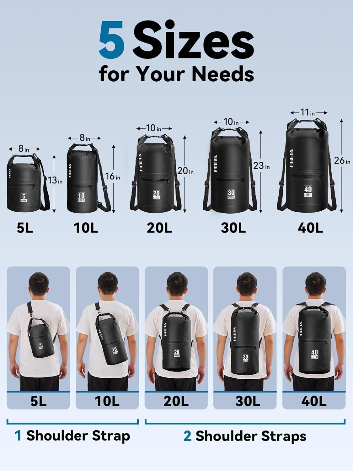 HEETA Waterproof Dry Bag with Front Zippered Pocket for Women Men, 5L/10L/20L/30L/40L Roll Top Lightweight Dry Storage Bag Backpack for Travel, Kayaking, Boating, Rafting, Camping, Hiking & Beach
