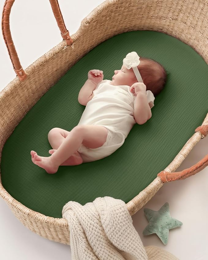 Blissful Diary Muslin Bassinet Sheets for Baby Girls Boys, Boho Soft Cotton Fitted for Oval Hourglass Rectangle Mattress, 2 Pack(Monstera&Dark Green)